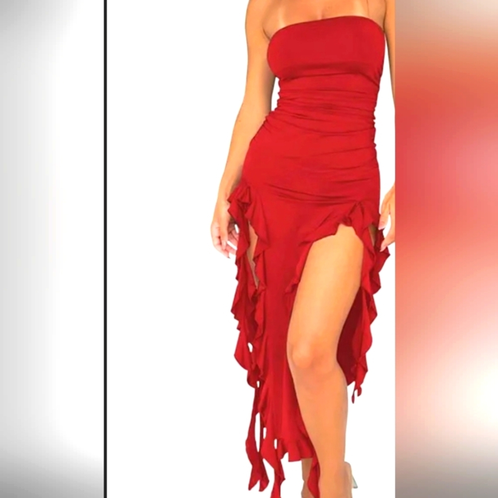 Beautiful Strapless Red Dress with long ruffle accents. Stretch material M/L